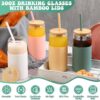 4 Pack 20 oz Glass Tumbler with Silicone Protective Sleeve Iced Coffee Cups with Lids…