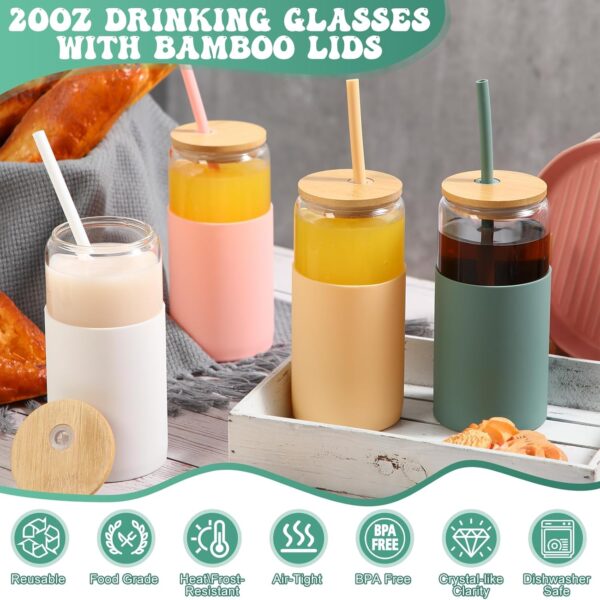 4 Pack 20 oz Glass Tumbler with Silicone Protective Sleeve Iced Coffee Cups with Lids…