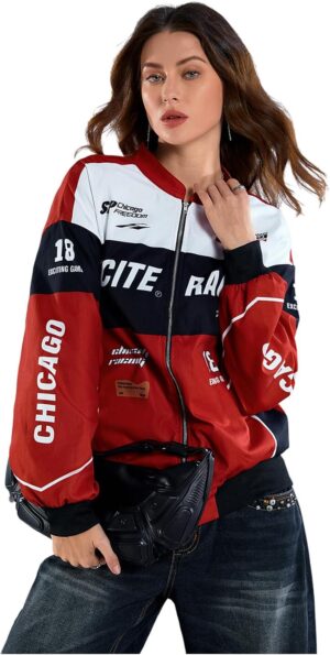 SOLY HUX Women’s Bomber Jacket Long Sleeve Zip Up Racing Jackets Color Block Y2k…