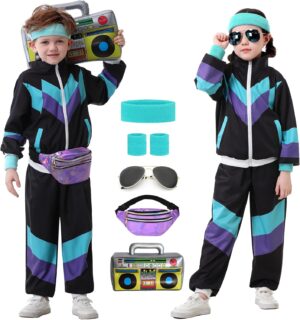 Ezuwail Kids 80s 90s Tracksuit Outfit for Boys Girls 6Pcs Unisex Retro Windbreaker…