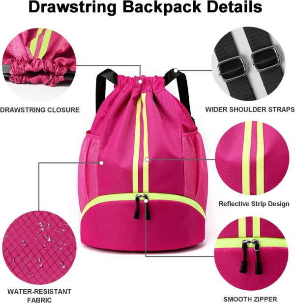 Drawstring Backpack, Waterproof Sports Gym Bag with Shoe Compartment and…