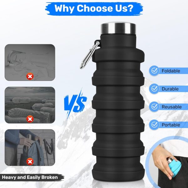 Collapsible Water Bottles, Reuseable BPA Free Silicone Foldable Water Bottle 16oz,…