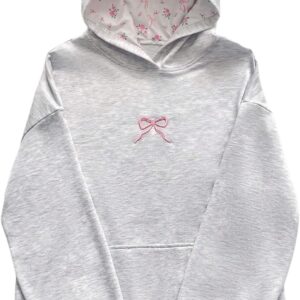 Women’s Bowknot Embroidered Oversized Hoodies Long Sleeve Drop Shoulder Hooded Sweatshirts