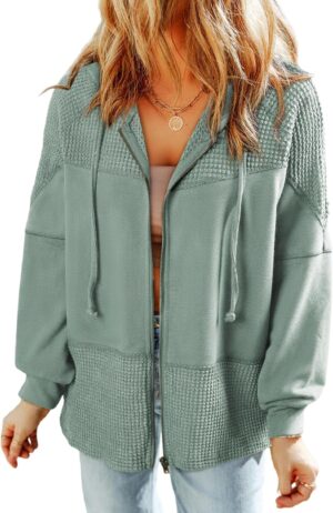 Dokotoo Waffle Knit Hoodies for Womens Zip Up Fall Outfits 2024 Drawstring Casual…