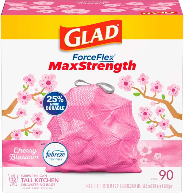 Glad ForceFlex MaxStrength Tall Kitchen Drawstring Trash Bags, 13 Gal, 90 Ct…