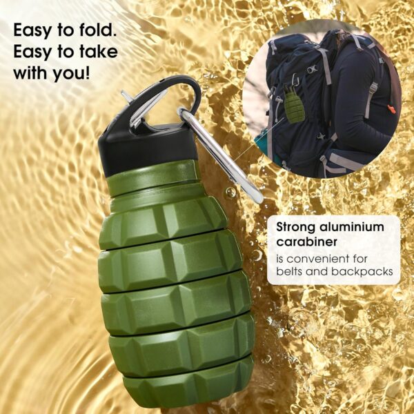 YARO Collapsible Water Bottles, 20oz Water Bottle with 2 Lids and Carabiner, Green…
