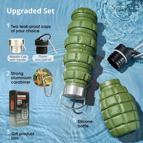 YARO Collapsible Water Bottles, 20oz Water Bottle with 2 Lids and Carabiner, Green…