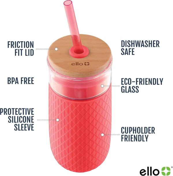 Ello Devon Glass Tumbler with Straw, Friction Fit Bamboo Wood Lid and Silicone Sleeve