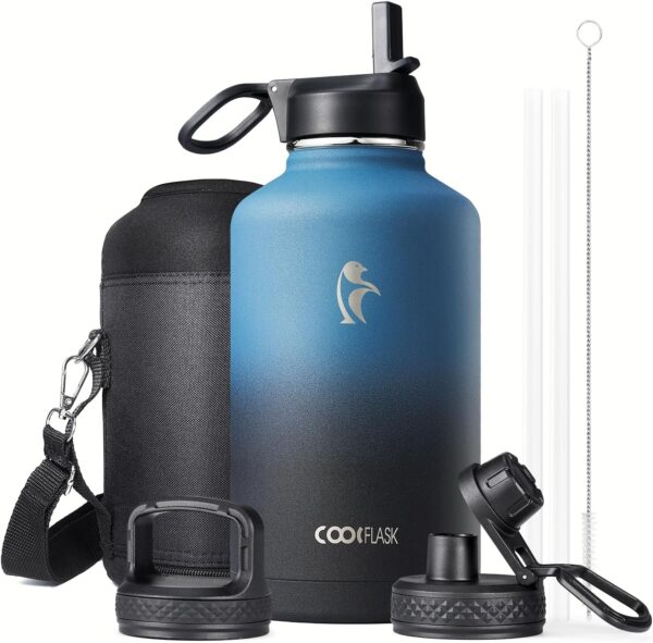 Half Gallon Water Bottle Insulated with Straw & 3 Lids, Coolflask 64 oz Water Jug…