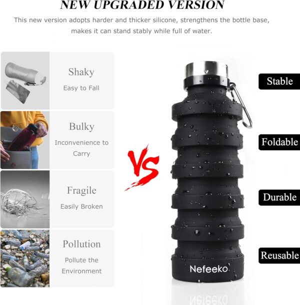 Nefeeko Collapsible Water Bottle, Reuseable BPA Free Silicone Foldable Water Bottles…