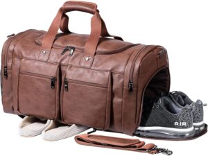 Leather Travel Bag with Shoe Pouch,Weekender Overnight Bag Waterproof…