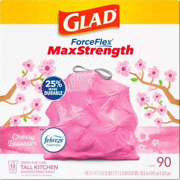 Glad ForceFlex MaxStrength Tall Kitchen Drawstring Trash Bags, 13 Gal, 90 Ct…