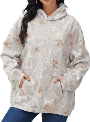 Womens Camo Hoodies Maple Leaf Print Oversized Hooded Sweatshirt Fleece Pullover…