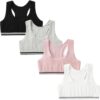 Girls Sports Bra Unpadded Crop Top Cotton Pack of 4, Grey, Black, White and Pink