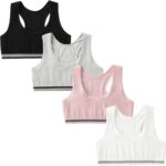 Girls Sports Bra Unpadded Crop Top Cotton Pack of 4, Grey, Black, White and Pink