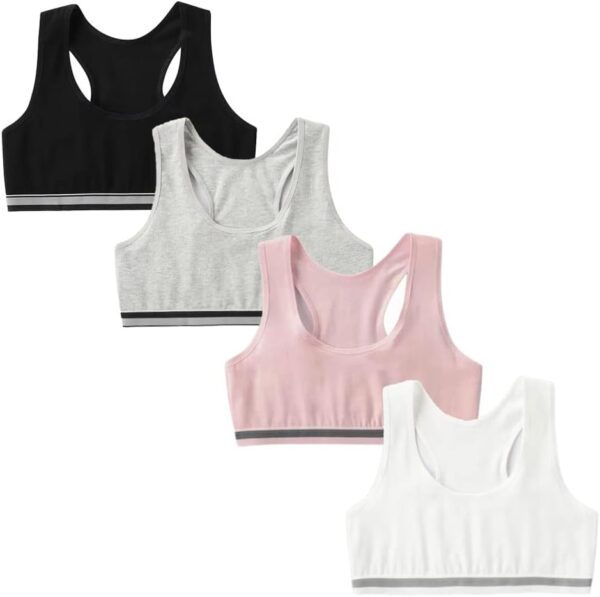 Girls Sports Bra Unpadded Crop Top Cotton Pack of 4, Grey, Black, White and Pink