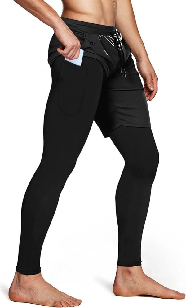 Aolesy Men’s 2 in 1 Running Compression Pants, Black, High Rise, Athletic Tapered