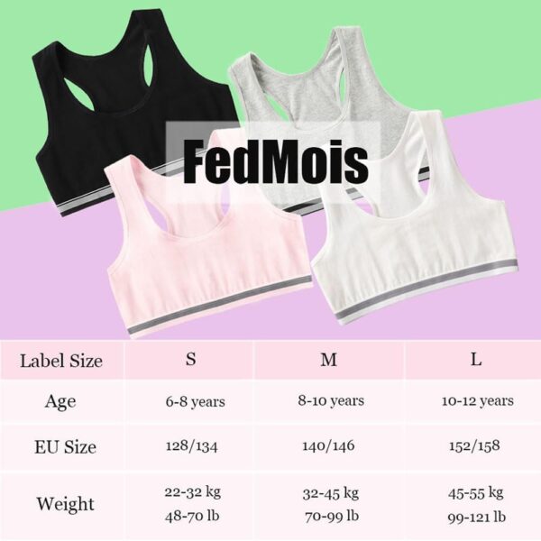 Girls Sports Bra Unpadded Crop Top Cotton Pack of 4, Grey, Black, White and Pink