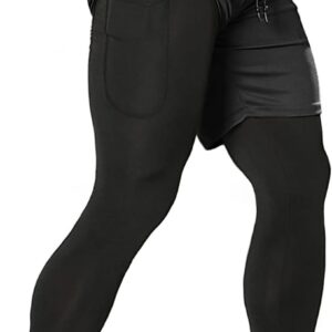 Aolesy Men’s 2 in 1 Running Compression Pants, Black, High Rise, Athletic Tapered