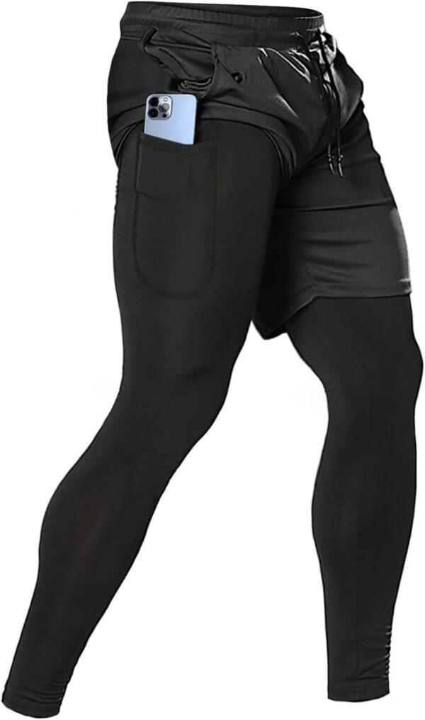 Aolesy Men’s 2 in 1 Running Compression Pants, Black, High Rise, Athletic Tapered