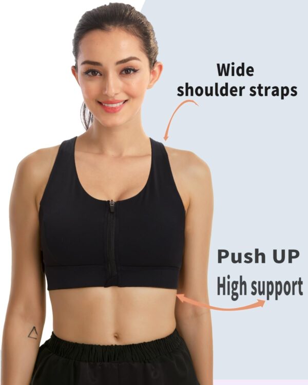 Zip Front Sports Bras for Women High Support Padded Push Up Strappy Back…