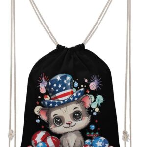 Cute Ferret 4th Of July Balloons American Flag Drawstring Backpack Gym Bag…