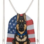 Police Dog Blue Line American Flag Drawstring Backpack Gym Bag Pull String...