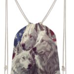 White Wolf American Flag Drawstring Backpack Gym Bag Pull String Sport Bag...