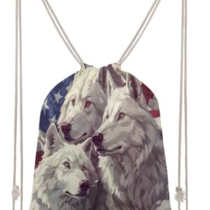 White Wolf American Flag Drawstring Backpack Gym Bag Pull String Sport Bag…