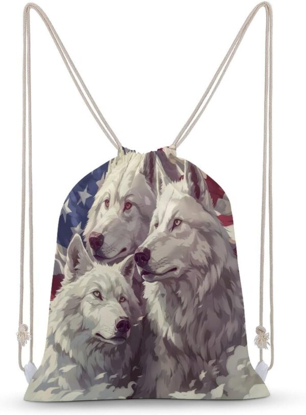 White Wolf American Flag Drawstring Backpack Gym Bag Pull String Sport Bag…