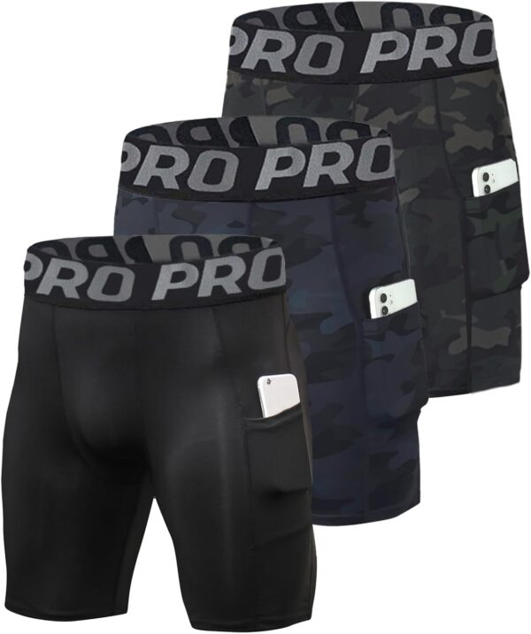 Men’s Compression Shorts with Pocket Baseball Athletic Gym Yoga Shorts Cool Dry…
