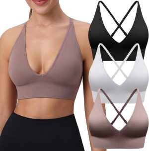 Evercute Women’s Sports Bras Adjustable Deep V Neck Bras Wireless Spaghetti…