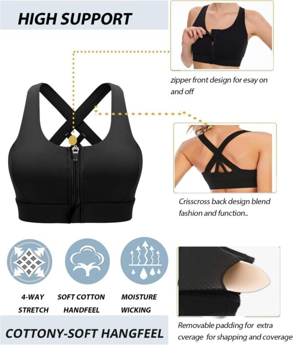 Zip Front Sports Bras for Women High Support Padded Push Up Strappy Back…
