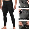 Aolesy Men’s 2 in 1 Running Compression Pants, Black, High Rise, Athletic Tapered