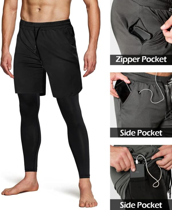 Aolesy Men’s 2 in 1 Running Compression Pants, Black, High Rise, Athletic Tapered