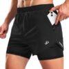 Pudolla Men's 2 in 1 Running Shorts 5" with Zipper Phone Pockets Quick Dry Gym Workout...