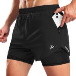 Pudolla Men's 2 in 1 Running Shorts 5" with Zipper Phone Pockets Quick Dry Gym Workout...