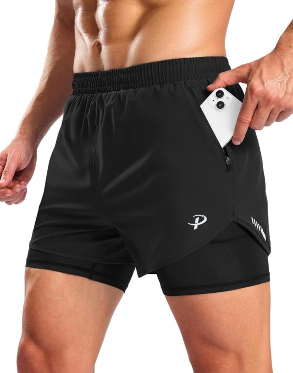 Pudolla Men’s 2 in 1 Running Shorts 5″ with Zipper Phone Pockets Quick Dry Gym Workout…