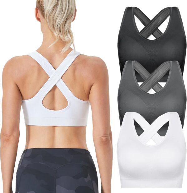 FITTIN Sports Bras Pack for Women – Padded Cross Back Support Seamless Strap…
