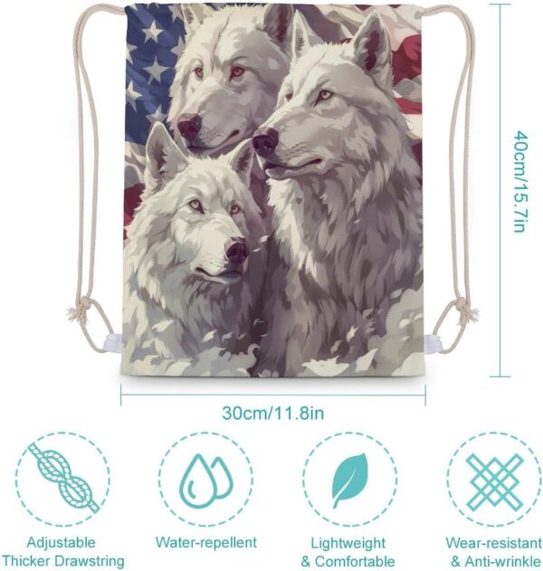 White Wolf American Flag Drawstring Backpack Gym Bag Pull String Sport Bag…