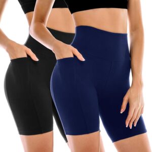 2 Pack Womens Biker Shorts with Pockets, High Waisted Yoga Shorts for Women Running…