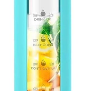 32 Oz Motivational Borosilicate Glass Water Bottle with bamboo lid, silicone sleeve (Aqua)