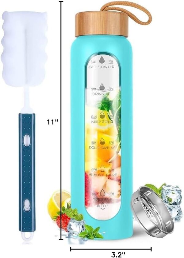 32 Oz Motivational Borosilicate Glass Water Bottle with bamboo lid, silicone sleeve (Aqua)