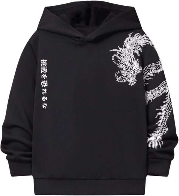 WDIRARA Boy’s Dragon Letter Graphic Hoodie Long Sleeve Sweatshirt Hooded Pullovers Top