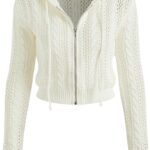 CIDER Womens Zip Up Hoodie Crop Top Hollow Out Knitted Long Sleeve Cardigan Jacket...
