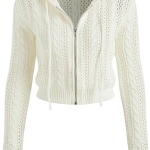 CIDER Womens Zip Up Hoodie Crop Top Hollow Out Knitted Long Sleeve Cardigan Jacket…