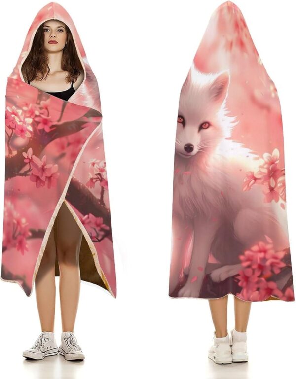 Animal White Fox On Cherry Flowers Wearable Hooded Blanket Warm Hoodie Throw Cape Soft…