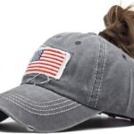 Distressed Ponytail Hat for Women American-Flag Pony Tail Caps High Bun