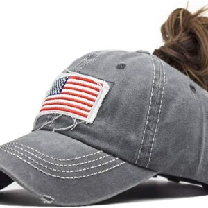 Distressed Ponytail Hat for Women American-Flag Pony Tail Caps High Bun