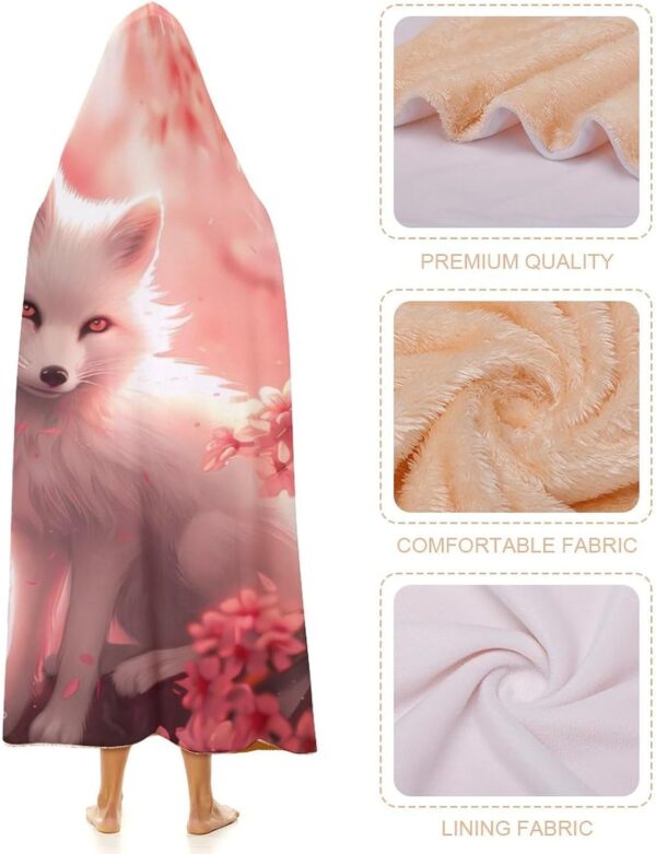 Animal White Fox On Cherry Flowers Wearable Hooded Blanket Warm Hoodie Throw Cape Soft…